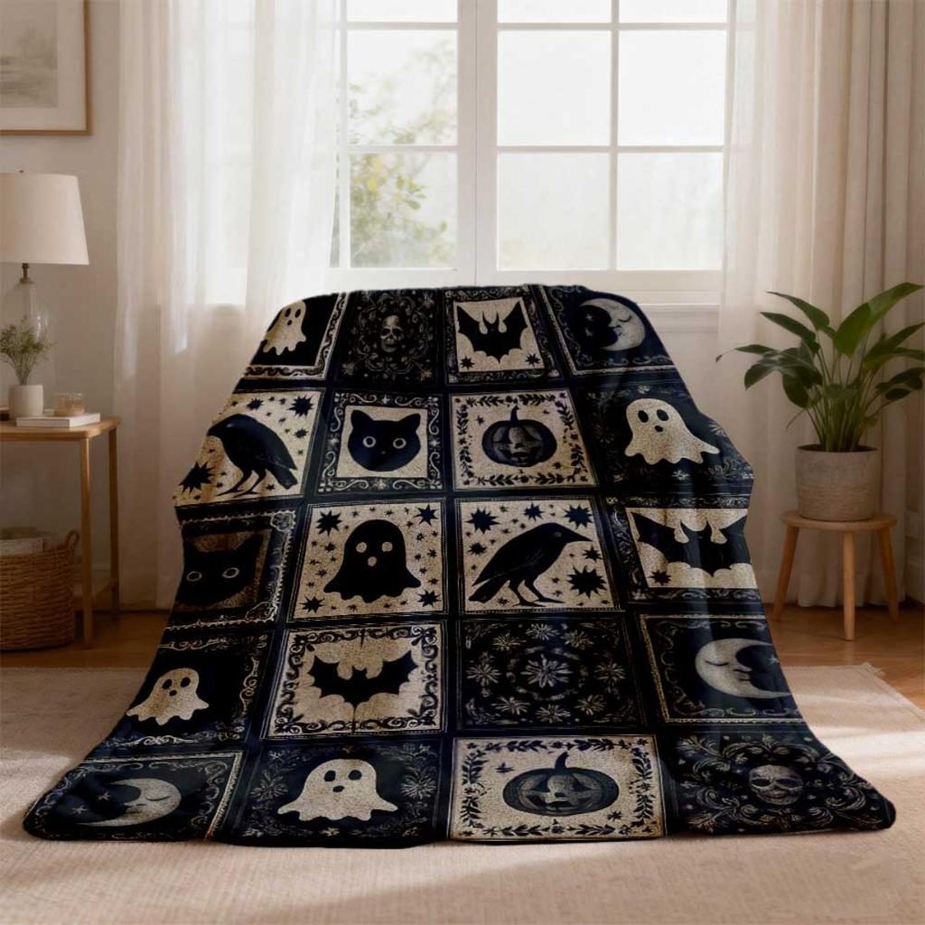 Spooky Ghosts Pumpkins Bats Flannel Blanket, Soft Warm for Relaxing Camping Travel Office Home Decor Gift