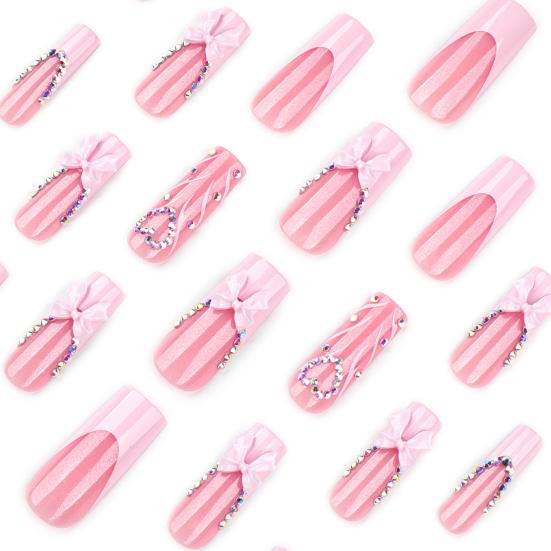 24Pcs Long French Tip Press on Nails, 3D Pink Bow Rhinestone Stick-on Nails for Women, Removable Full Cover Glue on Fake Nails