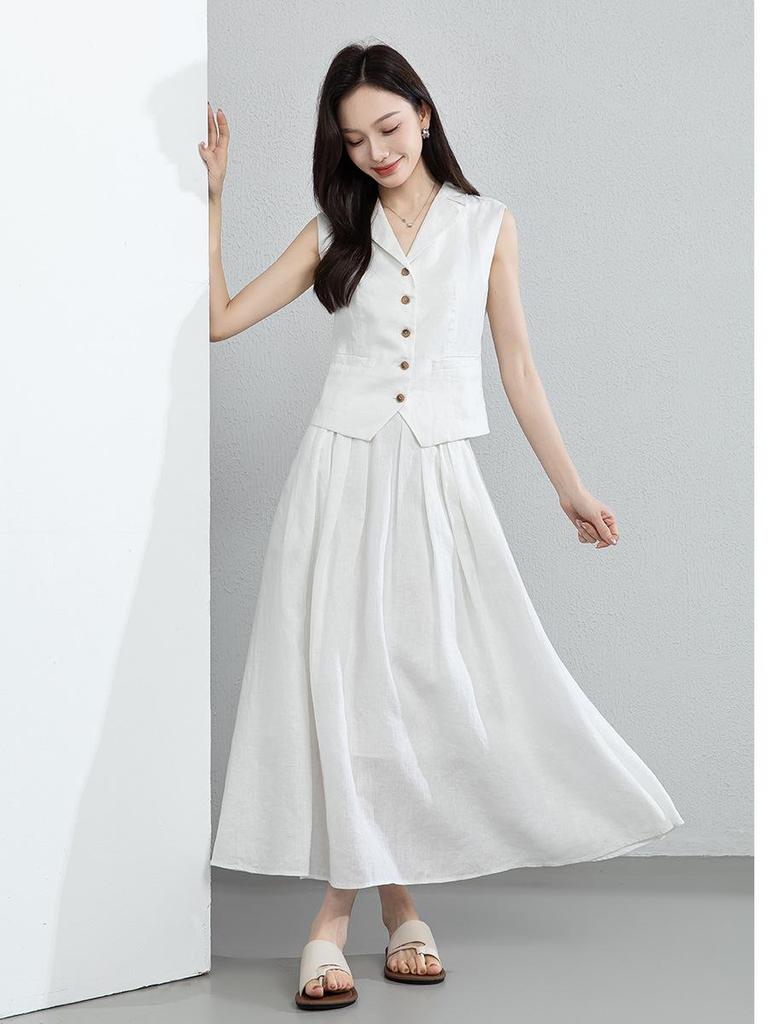 Yi Fei Gan Women's Summer Black Linen Vest & Skirt Set - Sleeveless, Casual, Slimming Old Money Style