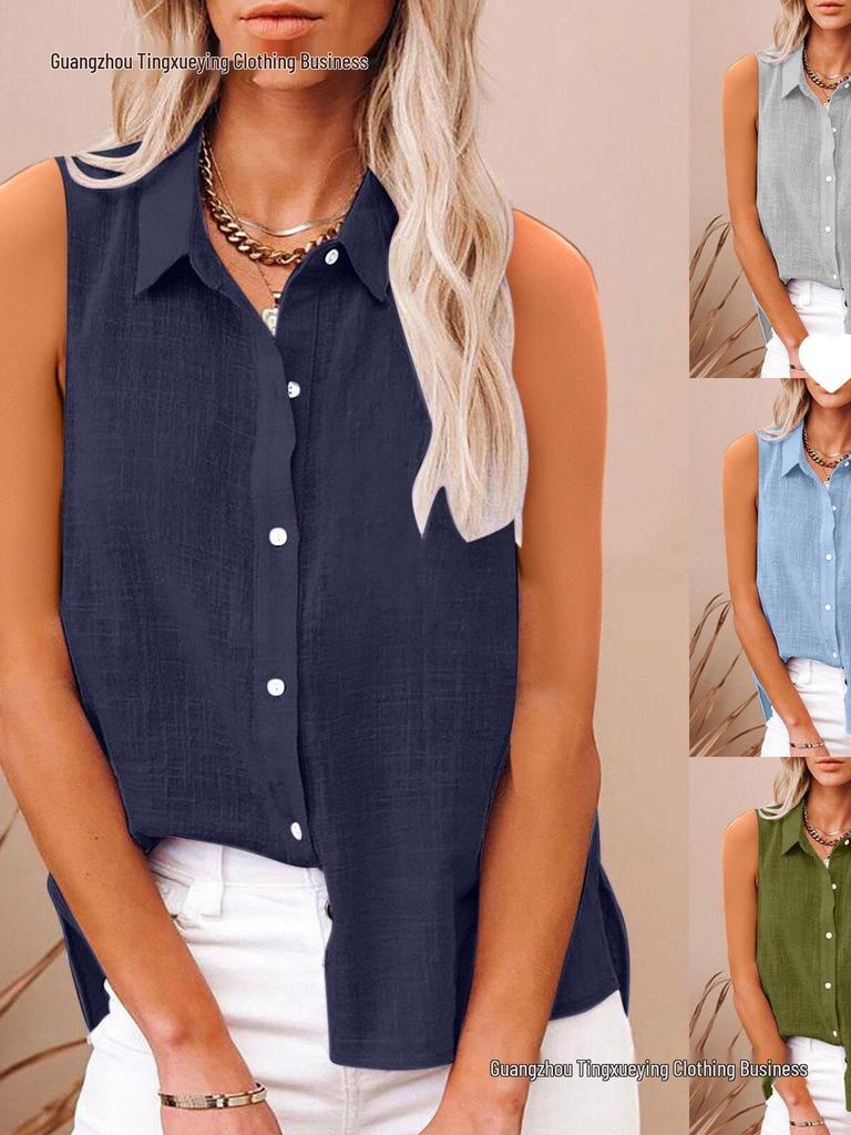 Sommer ärmelloses Revers Baumwolle Leinen Damenhemd