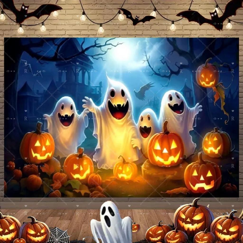 Happy Halloween Party Decoration Background Pumpkin Bat Moon Spider Web Cute Ghost Backdrop Trick or Treat Banner Holiday Decor96