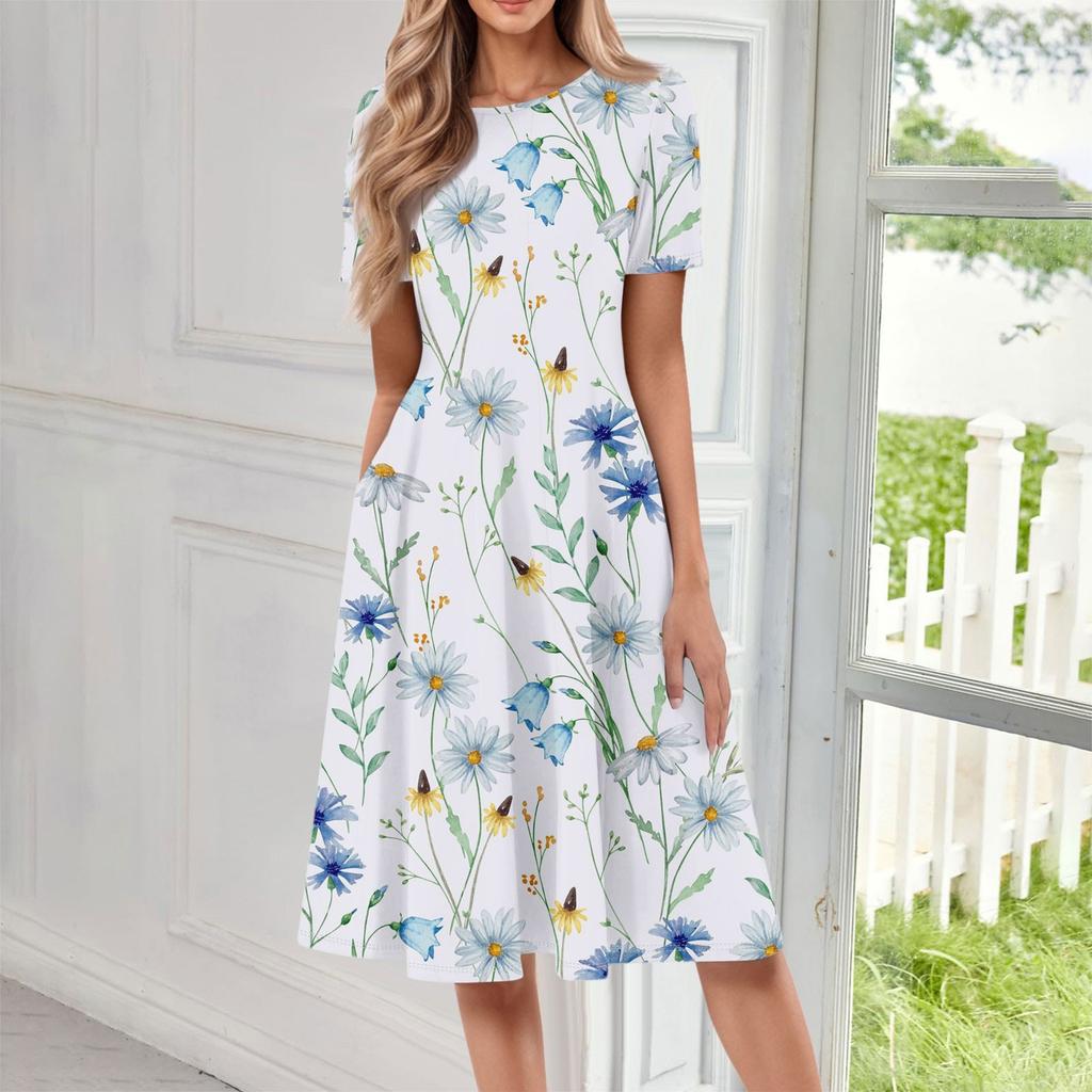 Women's Casual Fashion Round Neck Short Sleeve Floral Print Midi Dress