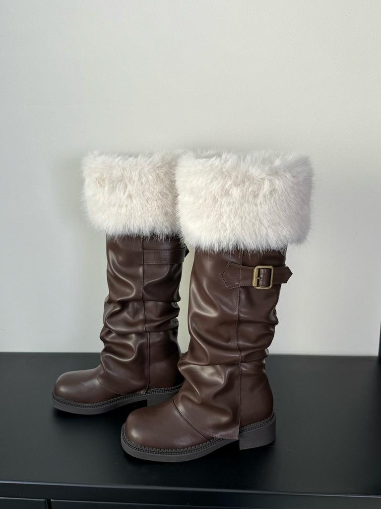 Tall Snow Boots Long Hair Autumn and Winter Warm Babes Pile Boots Retro Velvet Martin Boots Children 2025 Boots