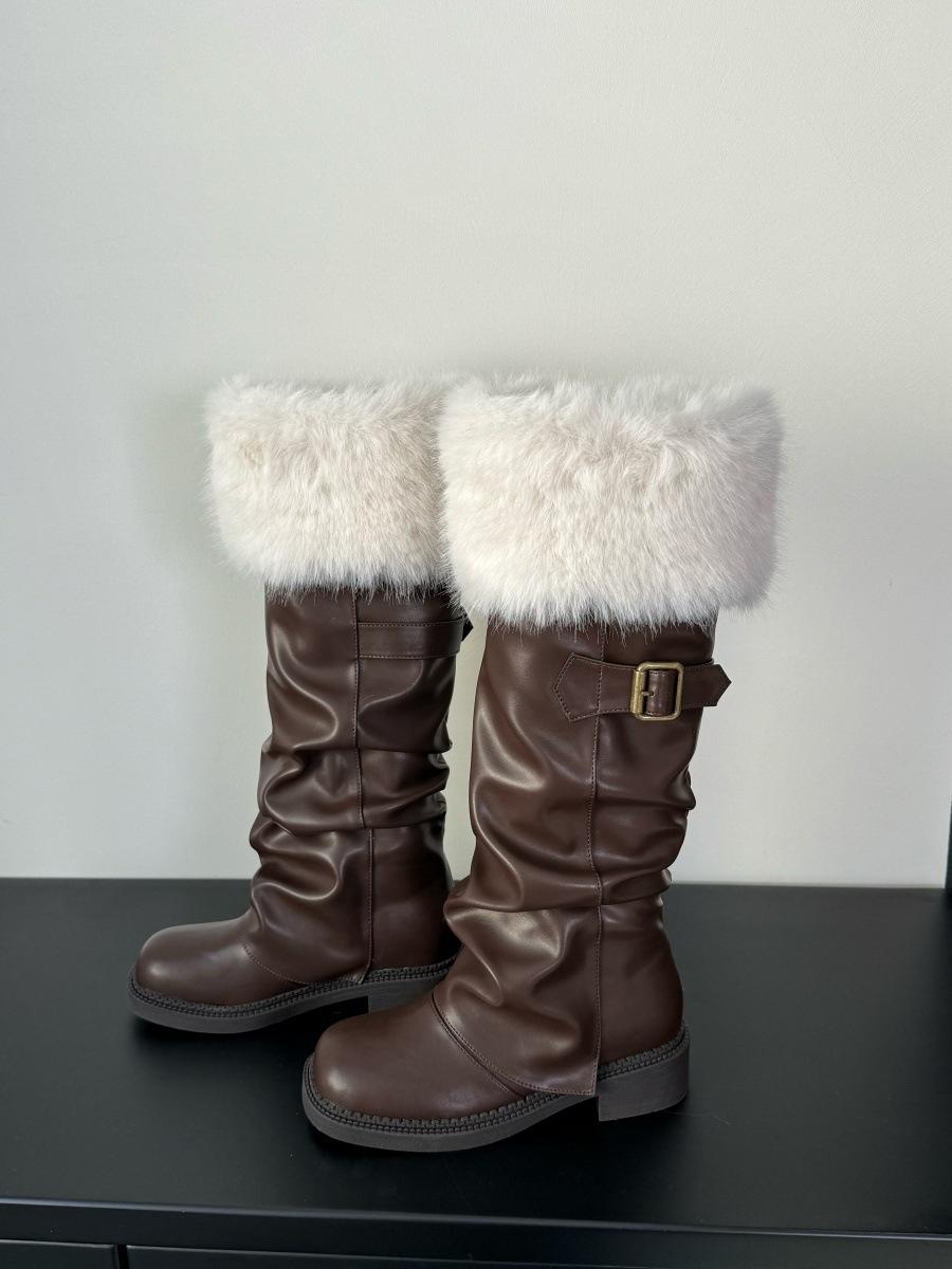 

Tall snow boots long hair autumn and winter warm babes pile boots retro velvet Martin boots children 2025 boots 40 темно-коричневого