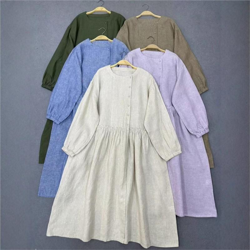 Johnature Spring Autumn Round Neck Ruffled Dress For Women Loose Casual Vintage Dress For Women