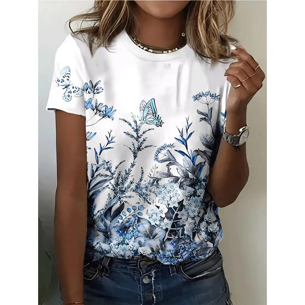 Casual Versatile Flower Print Short Sleeve Daily Women's Top Fashion Crew Neck T-Shirts Women’s