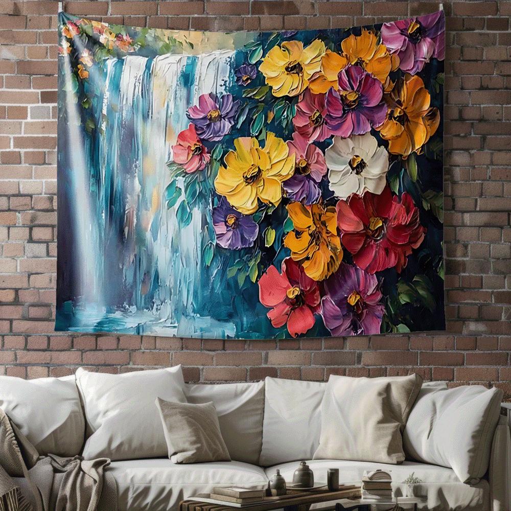 Flowers beneath the waterfall Digital printing polyester wall tapestry suitable for use in living rooms bedrooms bars and party