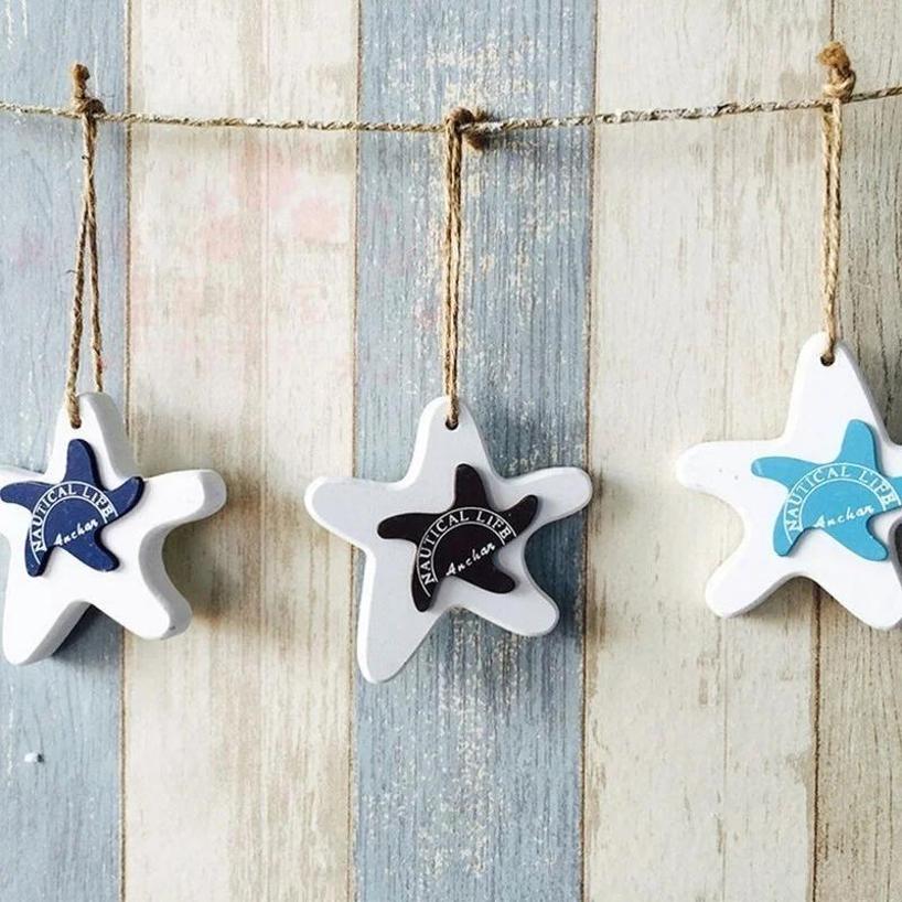 1 Pcs Marine Style DIY Home Decorative Wooden Small Fish Seahorse String Wall Hangings Starfish Dolphin Pendant Random Color