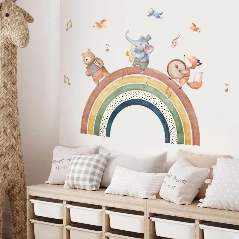 Cartoon Animal Rainbow Wall Stickers Self-Adhesive Fox Elephant Bear Decals Kids Bedroom Home Decor
