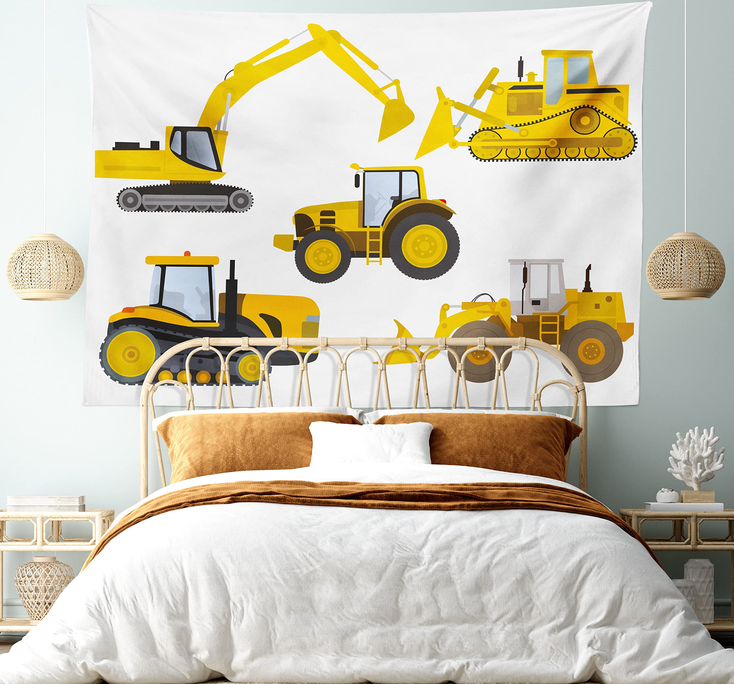 

Cartoon Machinery Truck Tapestry Kids Boys Construction Vehicles Wall Blanket for Children Bedroom Machinery Style Wall Decor 74x94cm(29x37in)