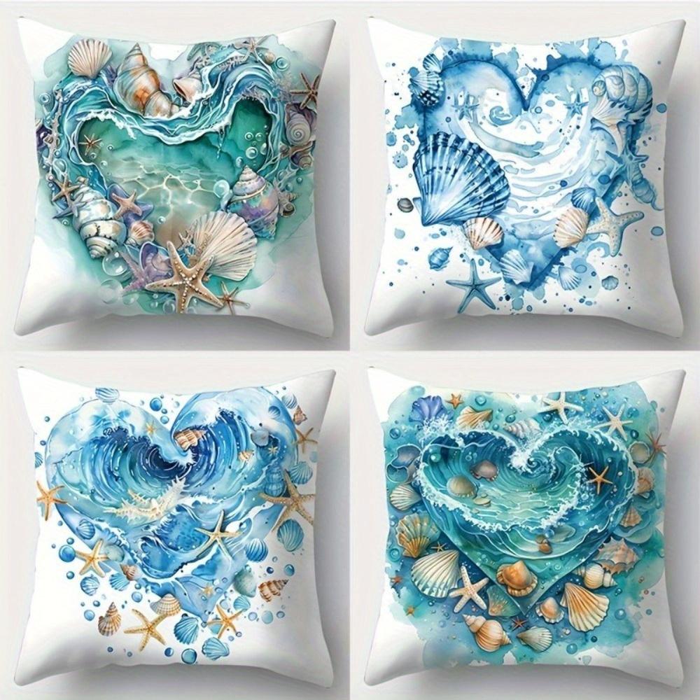 4Pcs Watercolor Ocean Heart & Seashell Throw Pillow Covers, Blue Wave Starfish Print Cushion Cases, Coastal Beach Home Decor