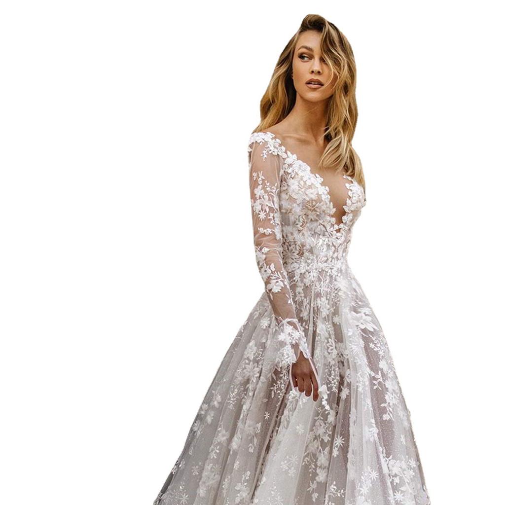 Damen Maxikleid mit tiefem Ausschnitt und langen Ärmeln, schmale Passform, mittlere Taille, elegantes Spitzen-Hochzeitskleid, Abendkleid