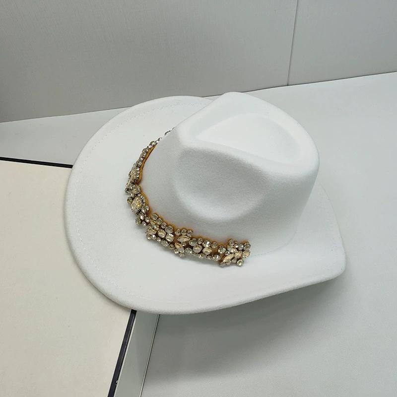202511-shi ins chic autumn Britain Classic cowboy rhinestone chain flower polyester lady fedoras cap women panama JAZZ hat