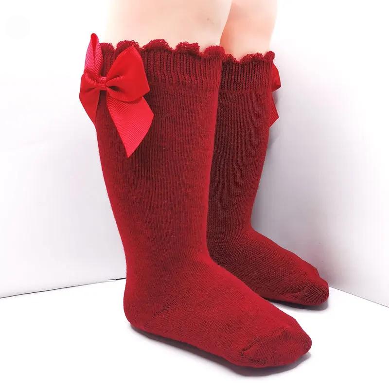 Infant Baby Girl Below Knee Socks, Solid Color Bow Decor Stockings Breathable Clothing Accessory Christmas Gift