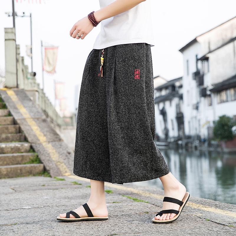 Style Kimono Capri Pants Men Lace Up Elastic Waist Vintage Casual Pants Loose Oversize Wide Leg Pants Harajuku Streetwear