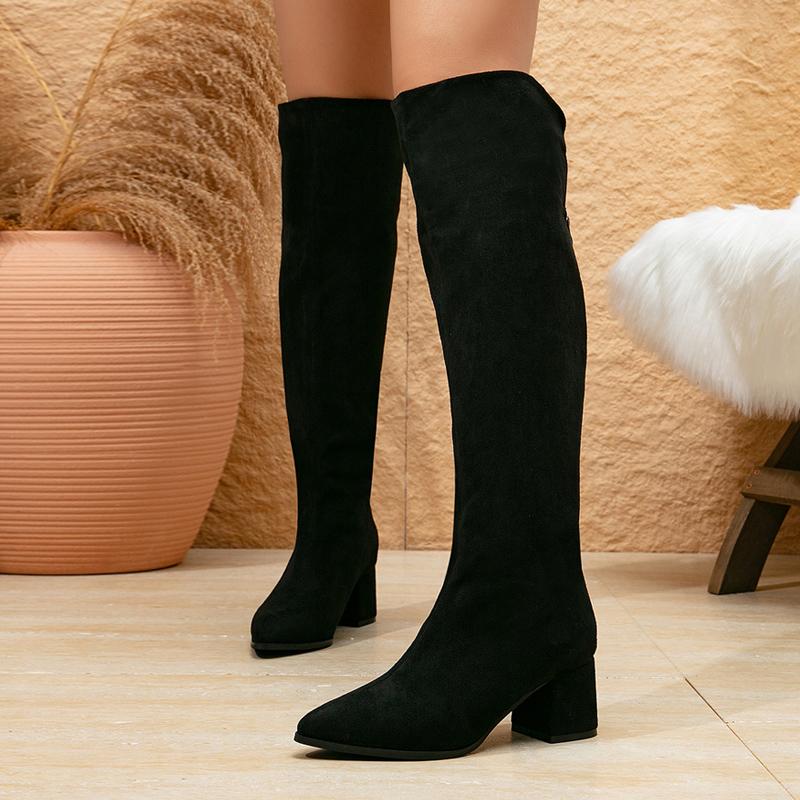 

Модная Liyke Осень Зима Сапоги-ботфорты на молнии Женские Низкий квадратный каблук Сексуальный острый носок Мотоциклетные сапоги до бедра Botas Mujer 36 чёрный