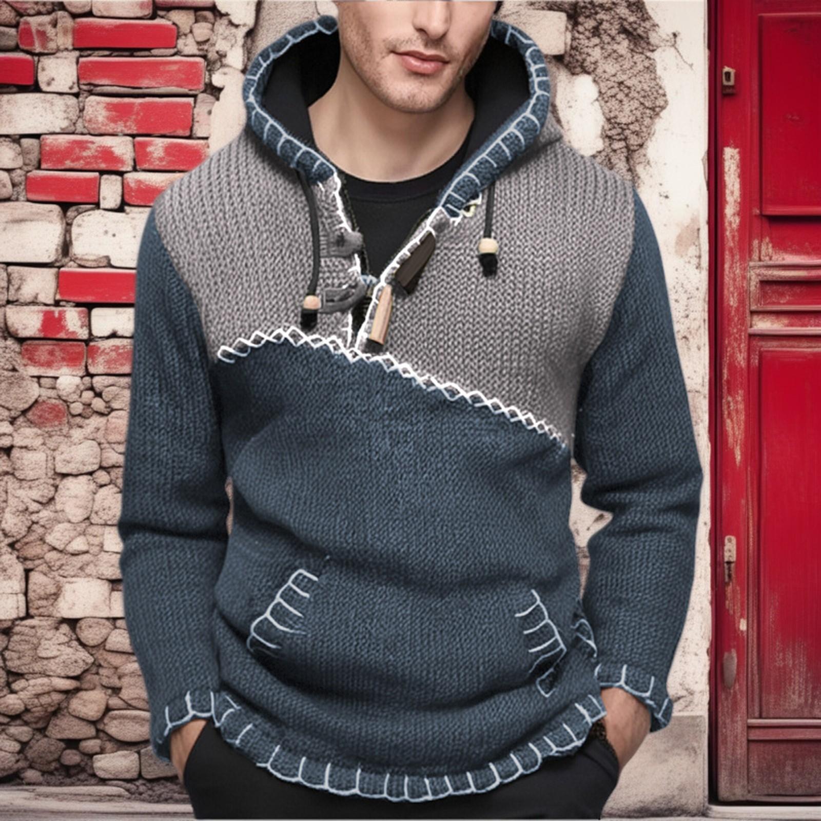 

Men s Contrast Color Stitching Sweater Long Sleeve Hooded Sweater Sweatshirt L