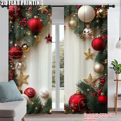 2Pcs Festive Golden And Red Ball Pine Leaves Design Christmas Window Curtains Polyester Rod Pocket Design For Living Room