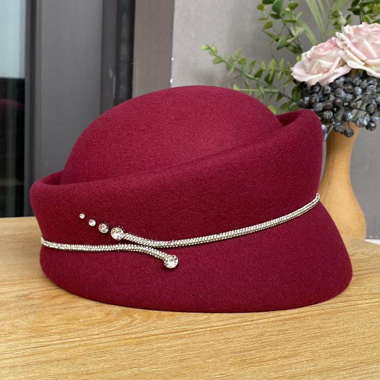 Autumn And Winter New Styling Beret Solid Color Versatile Elegant Celebrity High-End Top Hat Women'S Fashion Diamond Strip Equestrian Hat