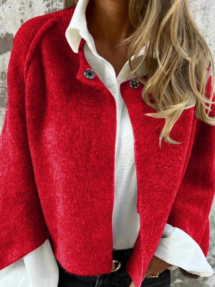 

Жіночий світло-коричневий вкорочений в язаний кардиган на чорних ґудзиках, асиметричний низ XL червоний