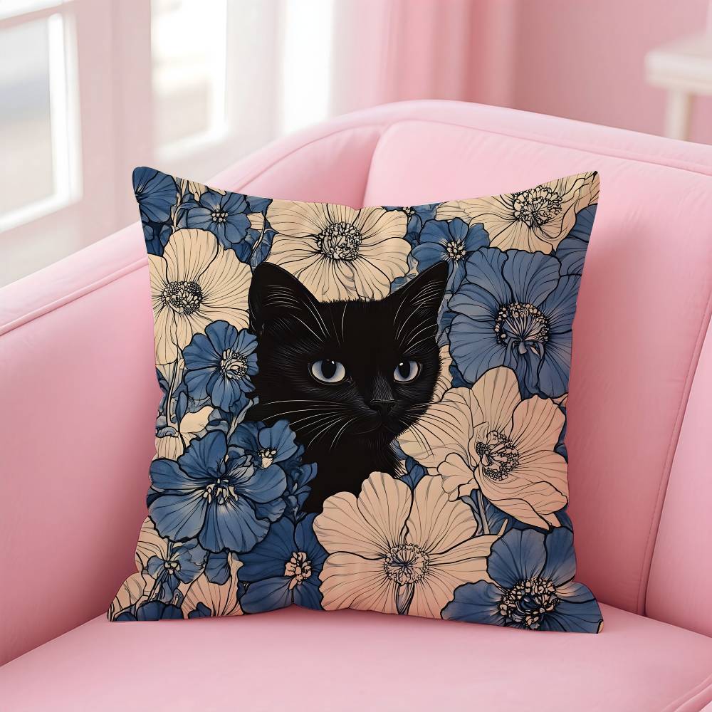 Cat In the Flowers Aesthetic Pillow Case Pattern Printing Pillowcase Living Room Sofa Cushion Cover Bedroom Room Decor