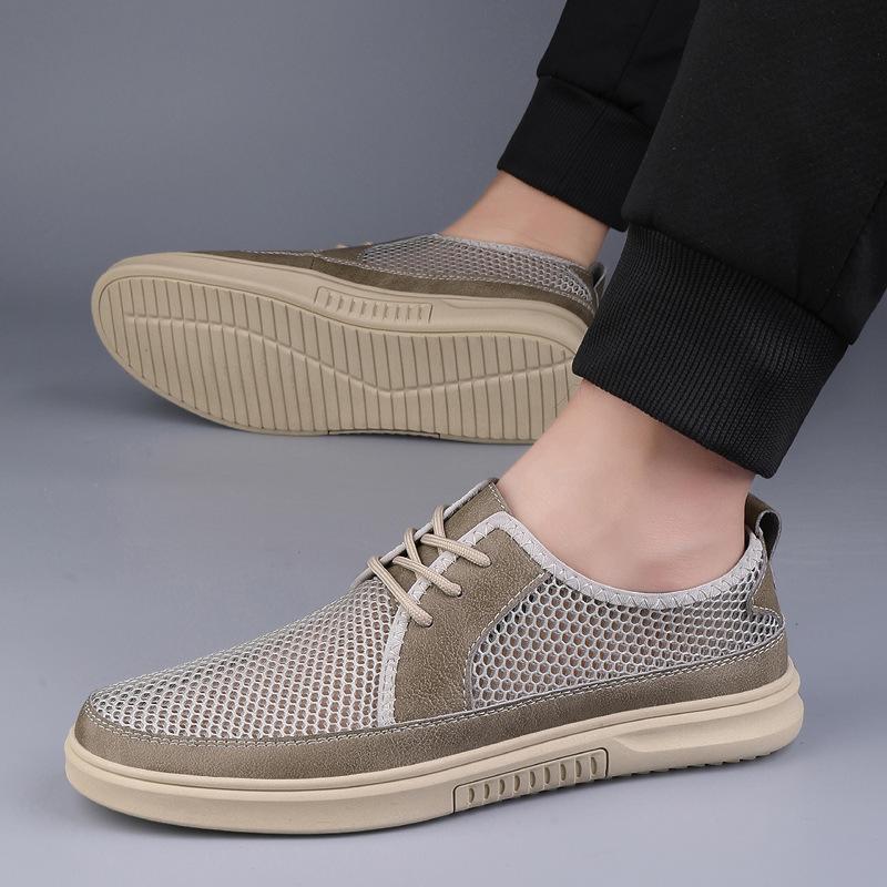 Men's Low-Top Mesh Lace-Up Casual Driving Shoes - Breathable, Large Size, Flat Sole for Spring/Summer
