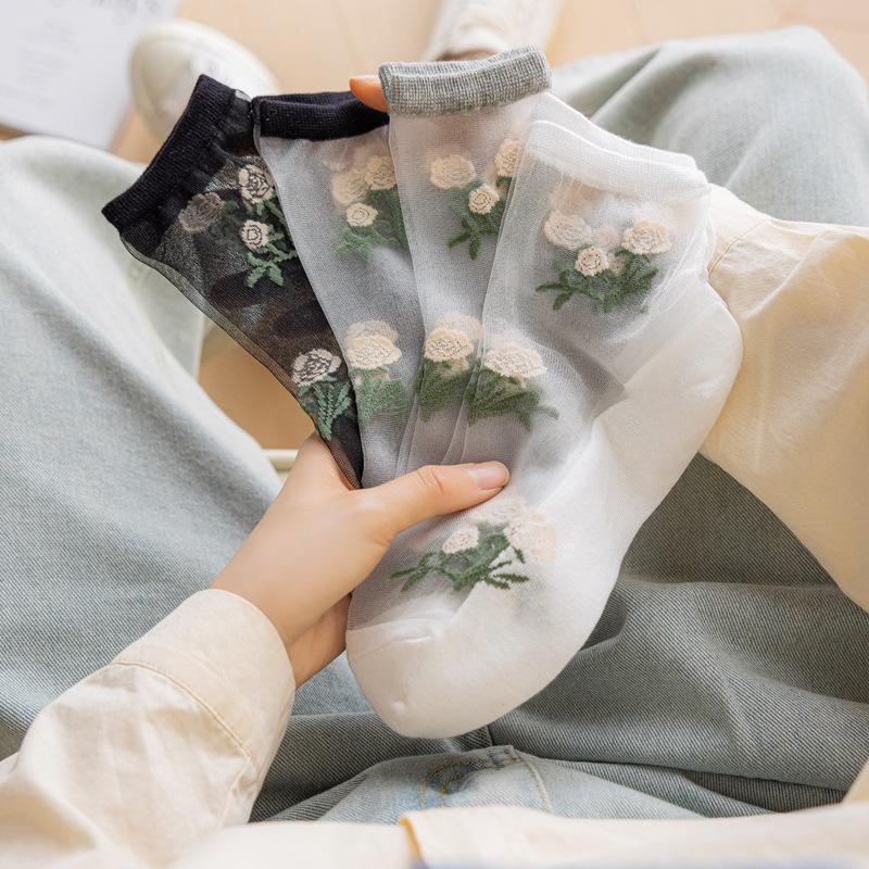 Women's Summer Silk Floral Mid-Calf Socks - Breathable, Sweat-Absorbing Cotton Bottom
