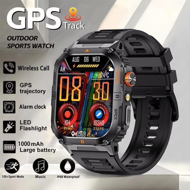 

New Men Military Built in GPS SmartWatch 1000mAh Large Battery IP68 Waterproof LED flashlight HD Bluetooth Call Smartwatch чорний