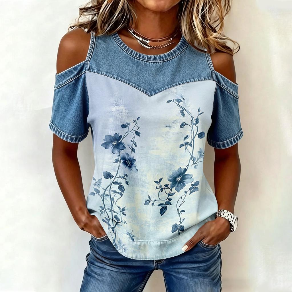 Women's Casual Patchwork Fashion Print Off-Shoulder Top