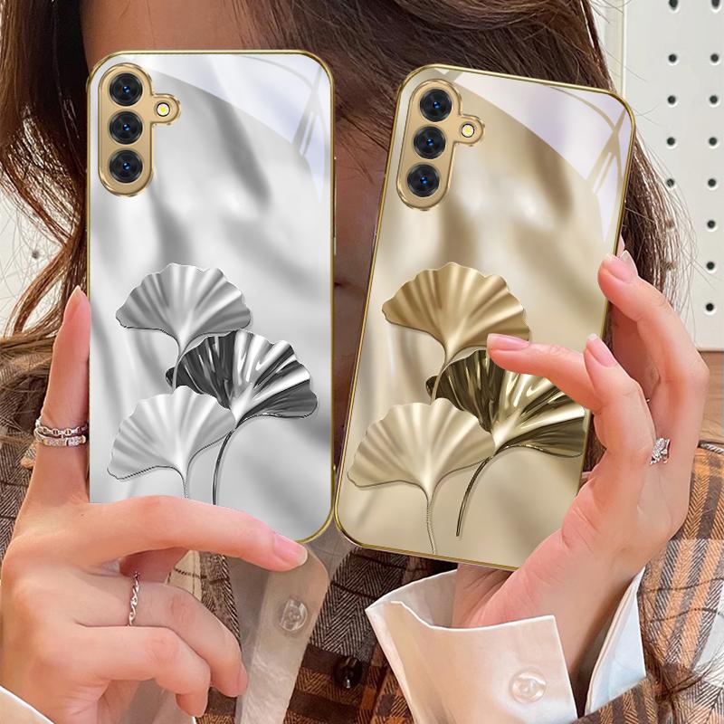 Luxurious Ginkgo Leaves For Samsung Galaxy S20 FE S21 S22 S23 Plus S24 Ultra 25Ultra S21+ S9+ S22Plus Golden glass phone case
