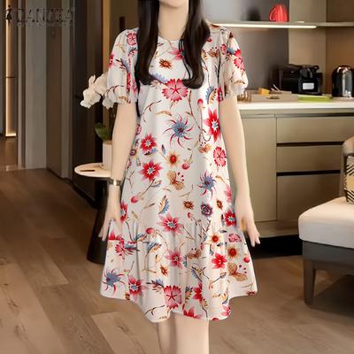 Women Casual Round Neck Summer Loose Short Sleeve Floral Dress