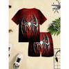 Summer Fashion Boys' Red 3D Spider Web Short Sleeved Shorts Set, Suitable for Outdoor Activities
