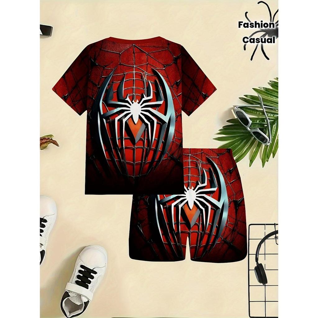 Summer Fashion Boys' Red 3D Spider Web Short Sleeved Shorts Set, Suitable for Outdoor Activities