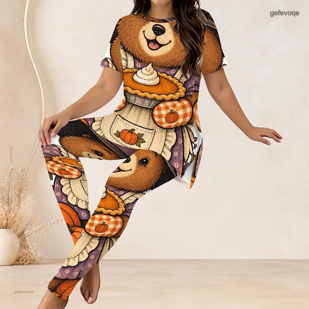 Women Plus Size White Halloween Printed Two Piece Set Round Neck Short Sleeve Longline Top And Long Pants