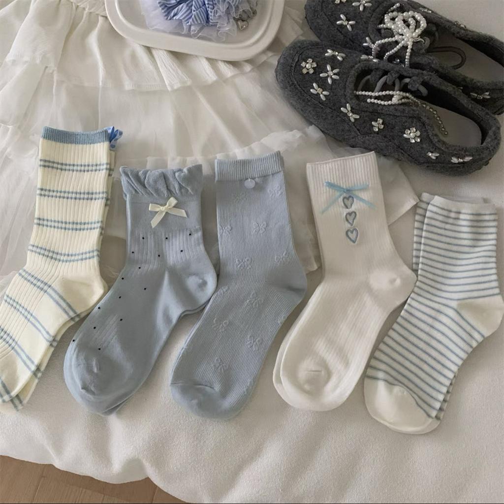 Bow Socks Women'S Mid-Tube Socks Spring And Autumn Cotton Socks Girl Cute White Ballet Style Spring Stockings
