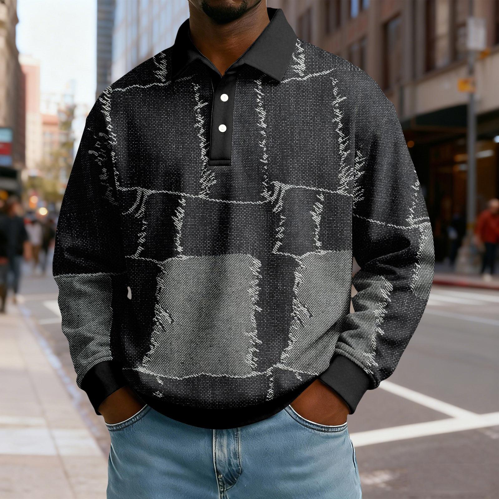 

Men Patchwork Print Long Sleeve Polo Collar Sweatshirt Casual Relaxed Fit Pullover Top with Button Placket Design M чорний