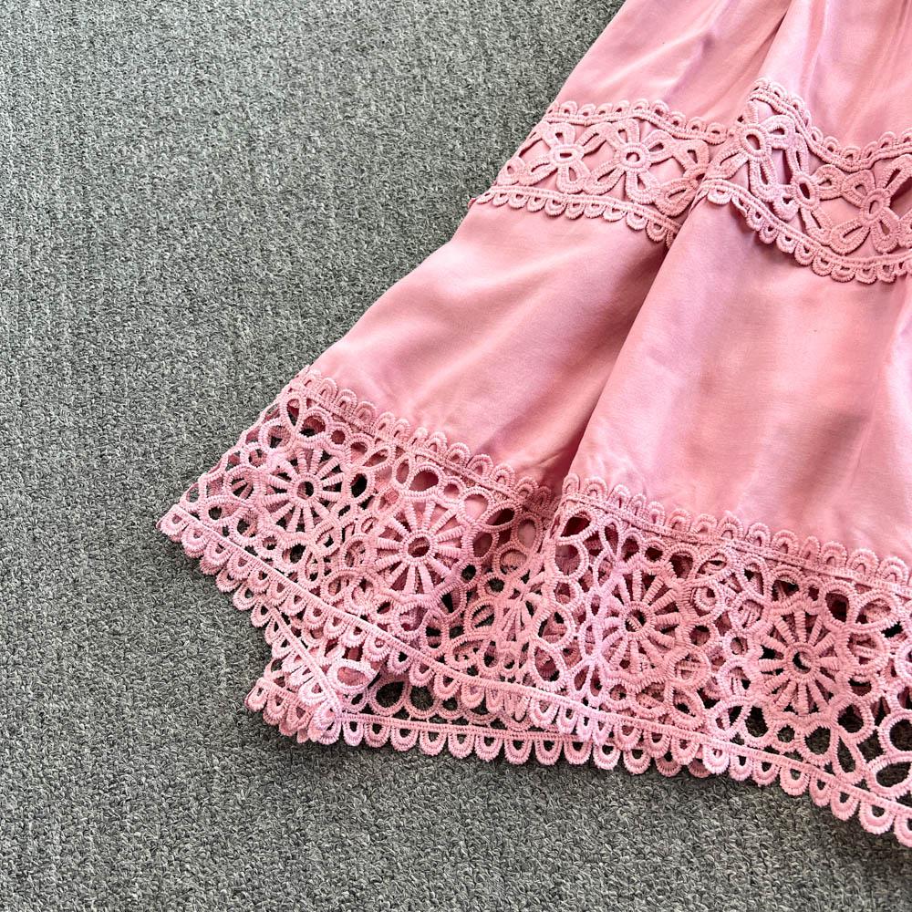 Lace Panel Long Sve Irt And High Waist Flared Skirt Set Women's Faion Ensemble Hollow Out Design Slimming Women Suit 2 Pieces Set
