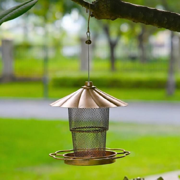 Balcony Hanging Bird Feeder with Antique Gold Finish, Flower Cover, Mesh Food Container, and Foldable Iron Structure