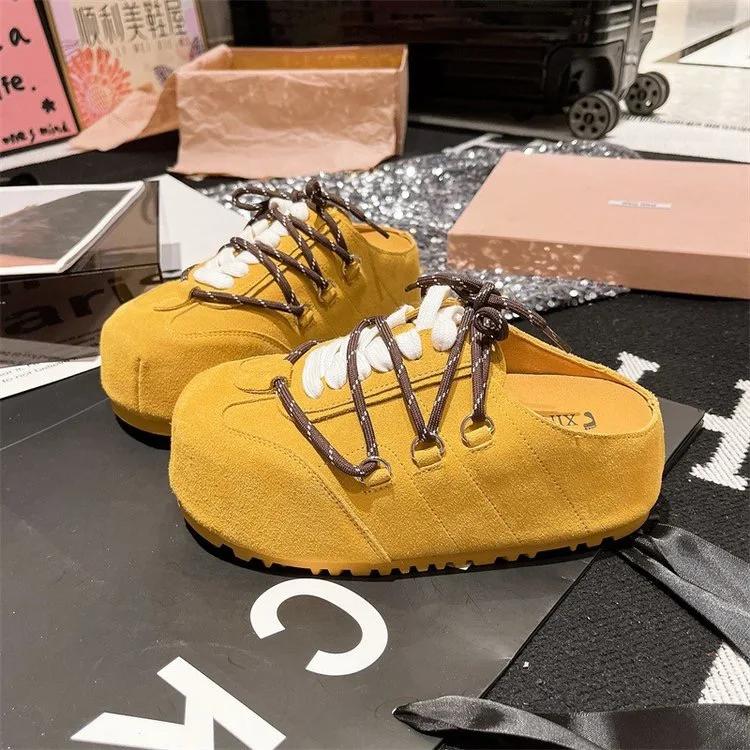 Damskor Mules Plattformsula Tåskydd Snörning Dekoration Damslipprar Klänning Ko Mockskinn Koreansk Stil Fritid Zapatillas De Mujer
