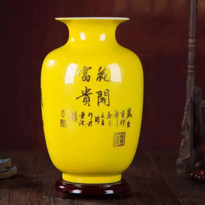 Neue chinesische Stilvase Jingdezhen Gelbe Kristallglasur Blumenvase Heimdekoration Handgefertigt Glänzend Famille Rose Vasen