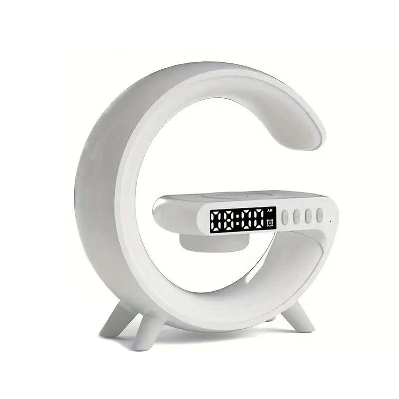 Modern 3-in-1 Wireless Charging Dock with Bluetooth Speaker, Alarm Clock, and LED Moon Lamp