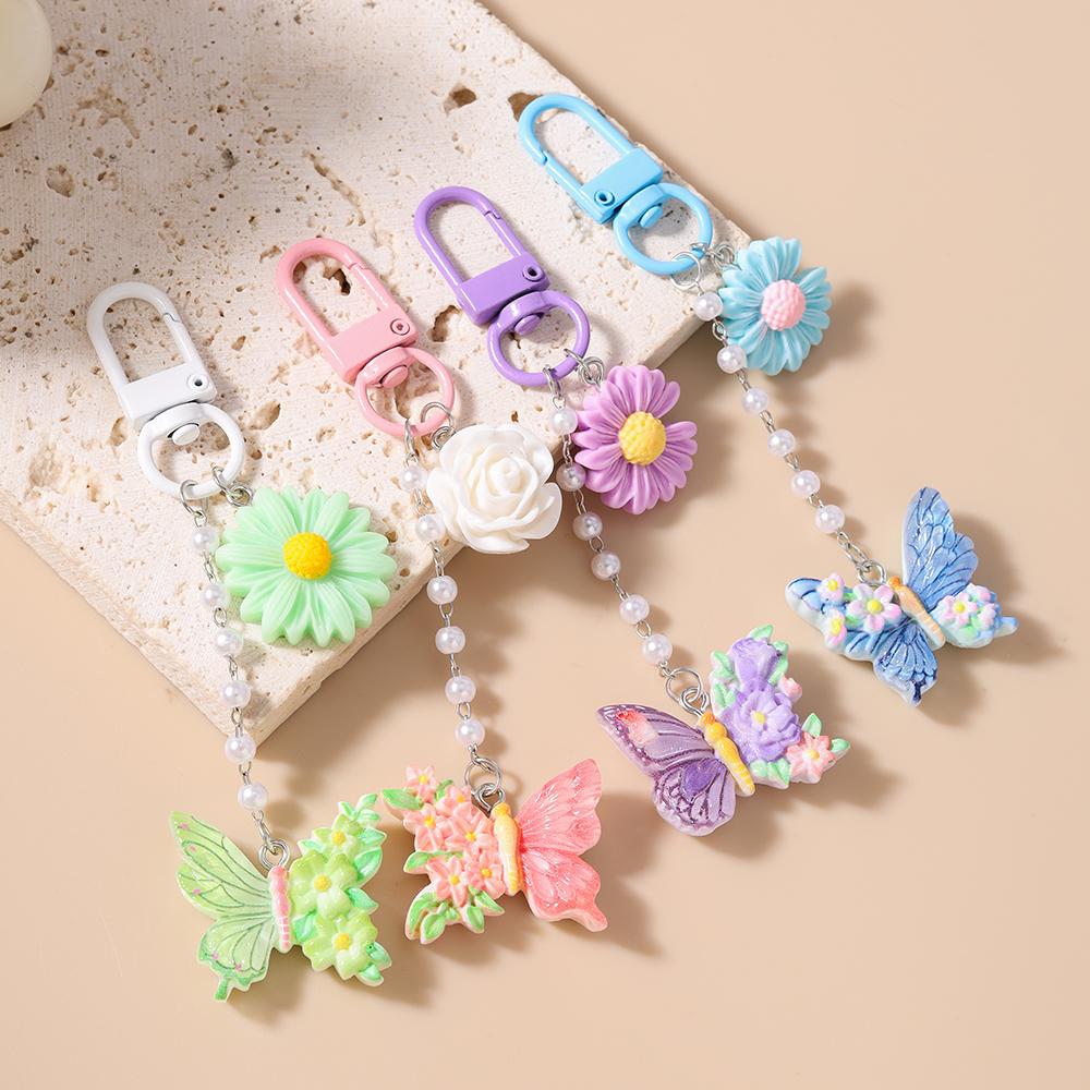 Cute Resin Butterfly Keychain Women Girls Flower Key Ring Pendant for Handbag Charms DIY Key Chain Jewelry Gifts