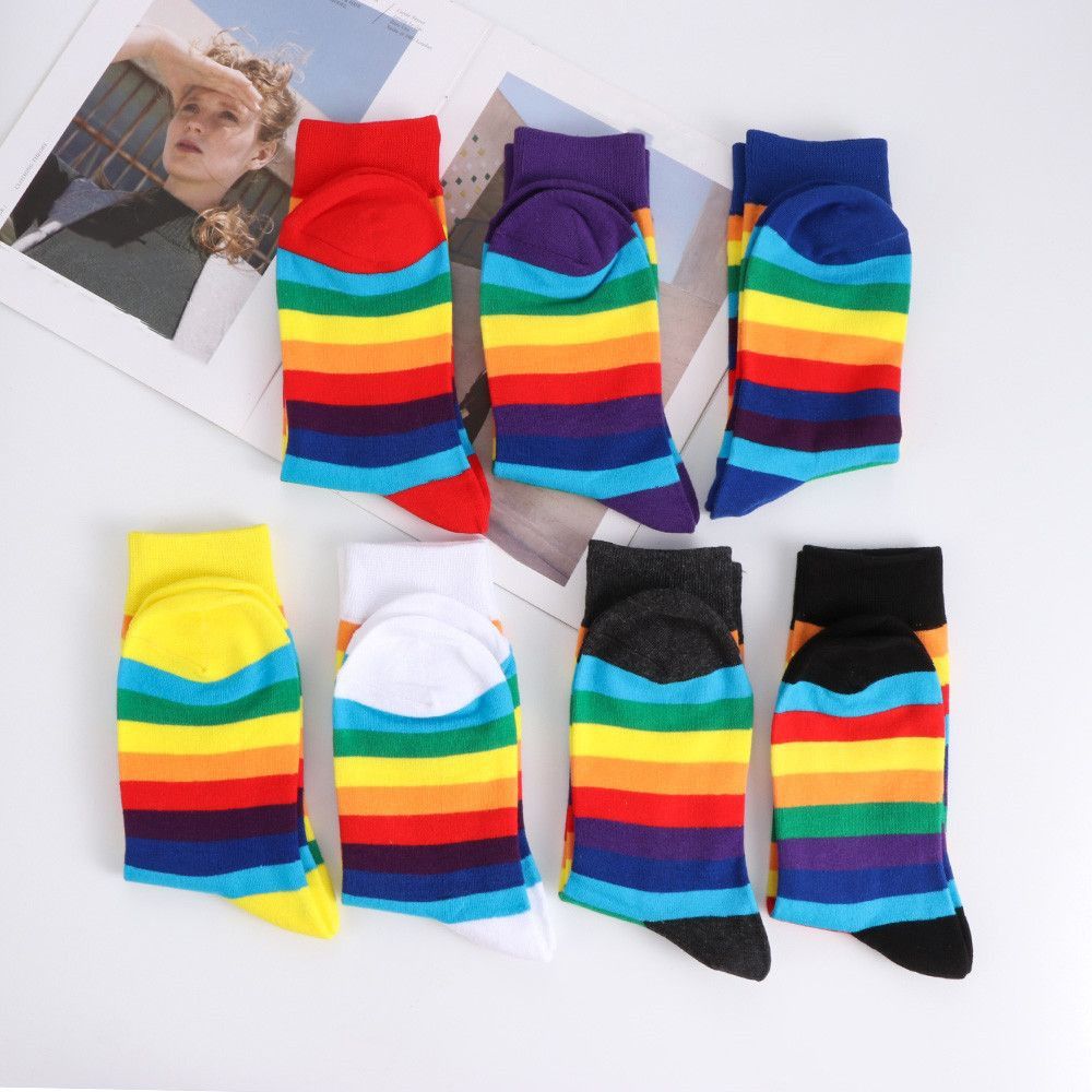 Street Skate Elasticity Sweat Sports Casual Rainbow Striped Long Sock Retro Harajuku Cotton Socks