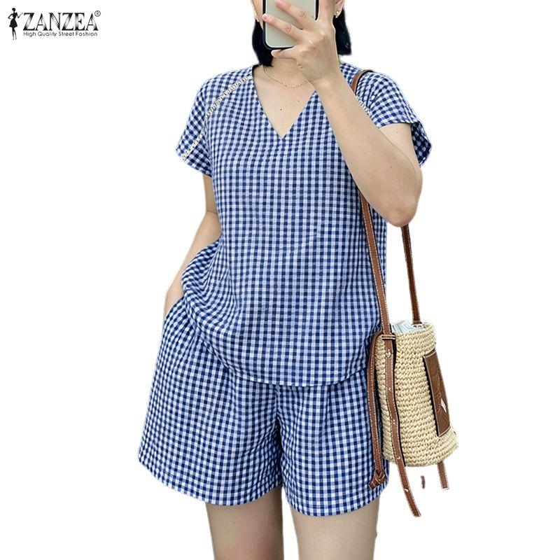 ZANZEA Women Short Sleeve Blouse and Shorts Grid Print Casual Two Piece Suit Sets
