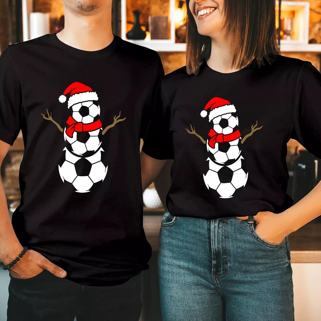 Tshirt (5298) Football Snowunisex Christmas Tshirt Santa Hat Soccer Ball Xmas Tee Christmas Rounisextic Couple Special Tshirt