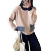 Autumn New Contrasting Color Design Sense Splicing Denim Pocket Knitted Sweater Top Loose Versatile Sweater Pullover Women