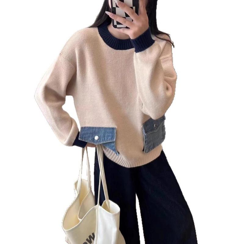 Autumn new contrasting color design sense splicing denim pocket knitted sweater top loose versatile sweater pullover women