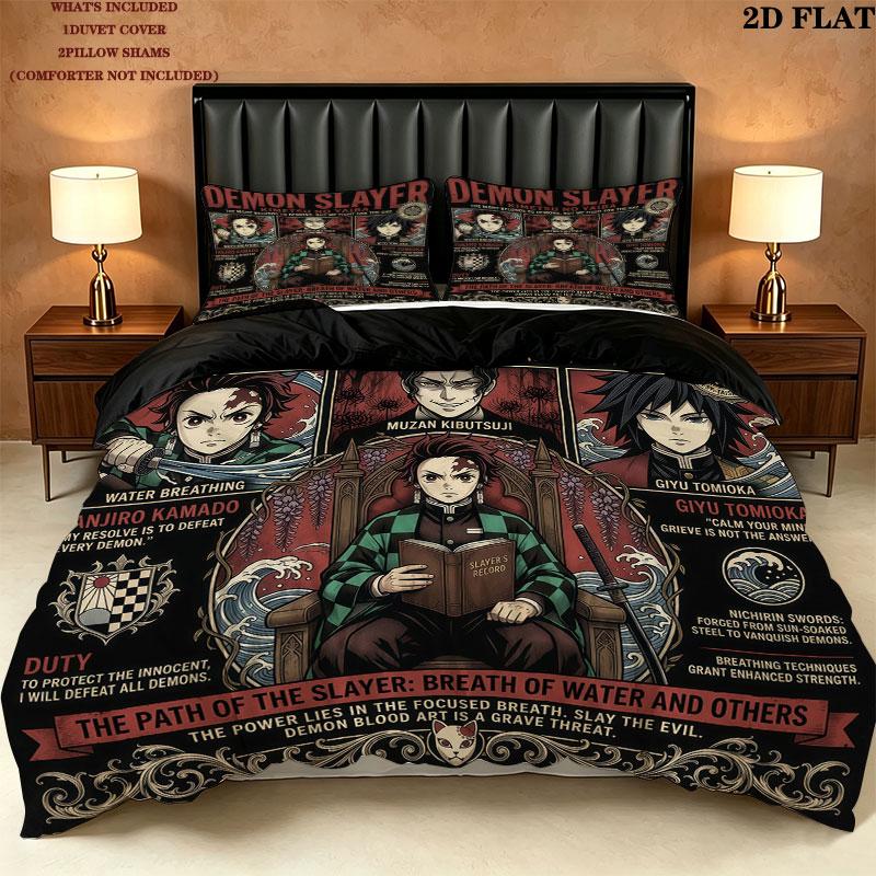 Demon Slayer Kimetsu No Yaiba Pattern Bedding Quilt Set Quilt Cover Pillowcase Home Birthday Gift(1 * Duvet Cover + 2 * Pillowcase, Without Core)
