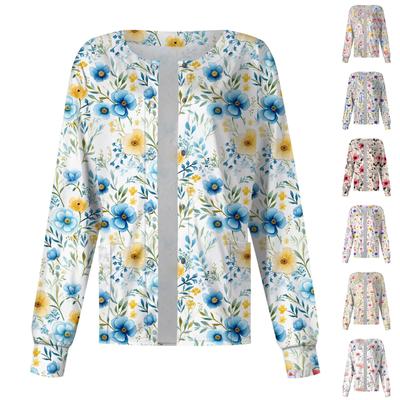 Women Long Sleeve Christmas Print Pattern Pocket Working Stand-up Collar Single-breasted Protective Overalls Cardigan Jacket Top