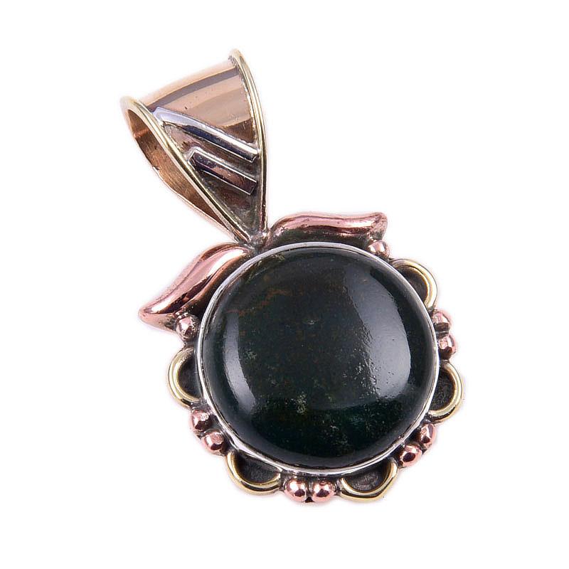 Natural Bloodstone Gemstone 925 Solid Sterling Silver TwoTone Pendant 1.25" N4H32
